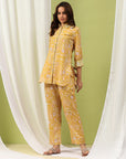 Floral Print Straight Tunic & Palazzo Set with Embroidery and Shirt Collar