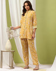 Floral Print Straight Tunic & Palazzo Set with Embroidery and Shirt Collar
