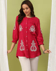 Cotton Above-Knee Tunic with Lucknowi Embroidery & Smocked Sleeves