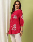 Cotton Above-Knee Tunic with Lucknowi Embroidery & Smocked Sleeves