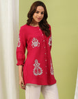 Cotton Above-Knee Tunic with Lucknowi Embroidery & Smocked Sleeves