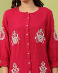 Cotton Above-Knee Tunic with Lucknowi Embroidery & Smocked Sleeves