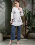 Solid Embroidered Above Knee Cotton Tunic for Women