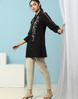 Solid A-Line Crepe Tunic with Thread Embroidery & Lace Detail