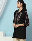 Solid A-Line Crepe Tunic with Thread Embroidery & Lace Detail