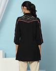 Solid A-Line Crepe Tunic with Thread Embroidery & Lace Detail