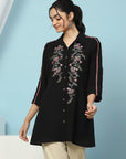 Solid A-Line Crepe Tunic with Thread Embroidery & Lace Detail