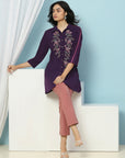 Solid A-Line Crepe Tunic with Thread Embroidery & Lace Detail