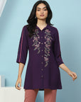 Solid A-Line Crepe Tunic with Thread Embroidery & Lace Detail
