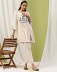 Viscose Rayon Flared Kurta Set with Ethnic Yoke Embroidery & Bishop Sleeves