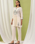 Viscose Rayon Flared Kurta Set with Ethnic Yoke Embroidery & Bishop Sleeves