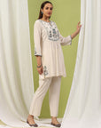 Viscose Rayon Flared Kurta Set with Ethnic Yoke Embroidery & Bishop Sleeves