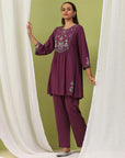 Solid Viscose Rayon A-Line Kurta Set with Ethnic Embroidery