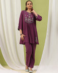 Solid Viscose Rayon A-Line Kurta Set with Ethnic Embroidery