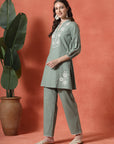 Green Cotton Co-ord with Embroidered Sleeves & Laced Palazzo