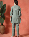 Green Cotton Co-ord with Embroidered Sleeves & Laced Palazzo