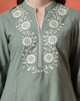 Green Cotton Co-ord with Embroidered Sleeves & Laced Palazzo
