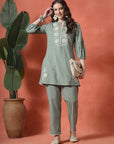 Green Cotton Co-ord with Embroidered Sleeves & Laced Palazzo