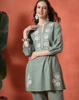 Green Cotton Co-ord with Embroidered Sleeves & Laced Palazzo