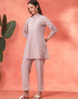 Lavender Cotton Co-ord with Embroidered Sleeves & Laced Palazzo