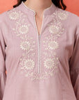 Lavender Cotton Co-ord with Embroidered Sleeves & Laced Palazzo