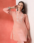 Peach Cotton Co-ord with Embroidered Sleeves & Laced Palazzo