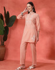 Peach Cotton Co-ord with Embroidered Sleeves & Laced Palazzo