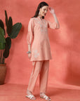 Peach Cotton Co-ord with Embroidered Sleeves & Laced Palazzo