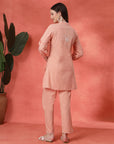 Peach Cotton Co-ord with Embroidered Sleeves & Laced Palazzo
