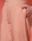 Peach Cotton Co-ord with Embroidered Sleeves & Laced Palazzo
