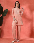 Peach Cotton Co-ord with Embroidered Sleeves & Laced Palazzo