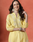 Yellow Cotton Co-ord with Embroidered Sleeves & Laced Palazzo