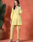 Yellow Cotton Co-ord with Embroidered Sleeves & Laced Palazzo