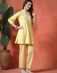 Yellow Cotton Co-ord with Embroidered Sleeves & Laced Palazzo