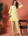 Yellow Cotton Co-ord with Embroidered Sleeves & Laced Palazzo
