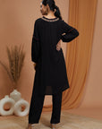 Floral Embroidered Rayon Kurta Set with Frill Neck & Lace Dupatta