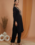 Floral Embroidered Rayon Kurta Set with Frill Neck & Lace Dupatta