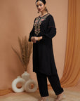 Floral Embroidered Rayon Kurta Set with Frill Neck & Lace Dupatta