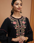 Floral Embroidered Rayon Kurta Set with Frill Neck & Lace Dupatta