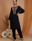 Floral Embroidered Rayon Kurta Set with Frill Neck & Lace Dupatta
