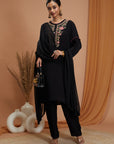Floral Embroidered Rayon Kurta Set with Frill Neck & Lace Dupatta