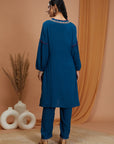 Floral Embroidered Rayon Kurta Set with Frill Neck & Lace Dupatta