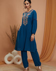 Floral Embroidered Rayon Kurta Set with Frill Neck & Lace Dupatta