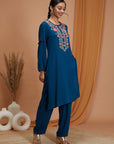 Floral Embroidered Rayon Kurta Set with Frill Neck & Lace Dupatta