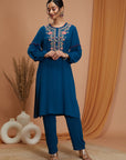 Floral Embroidered Rayon Kurta Set with Frill Neck & Lace Dupatta