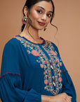 Floral Embroidered Rayon Kurta Set with Frill Neck & Lace Dupatta
