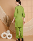 Solid Rayon Slub Kurta Set with Kashmiri Embroidery