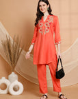 Solid Rayon Slub Kurta Set with Kashmiri Embroidery