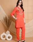 Solid Rayon Slub Kurta Set with Kashmiri Embroidery