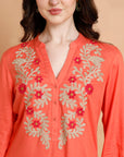 Solid Rayon Slub Kurta Set with Kashmiri Embroidery